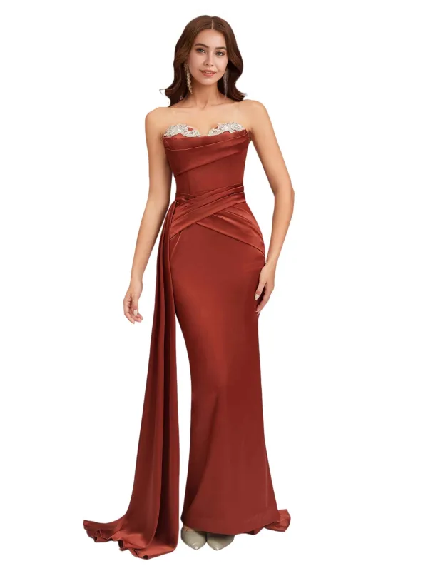 Elegant Sweetheart Silky Satin Lace Mermaid Side Slit Long Bridesmaid Dresses sold by ChicSew