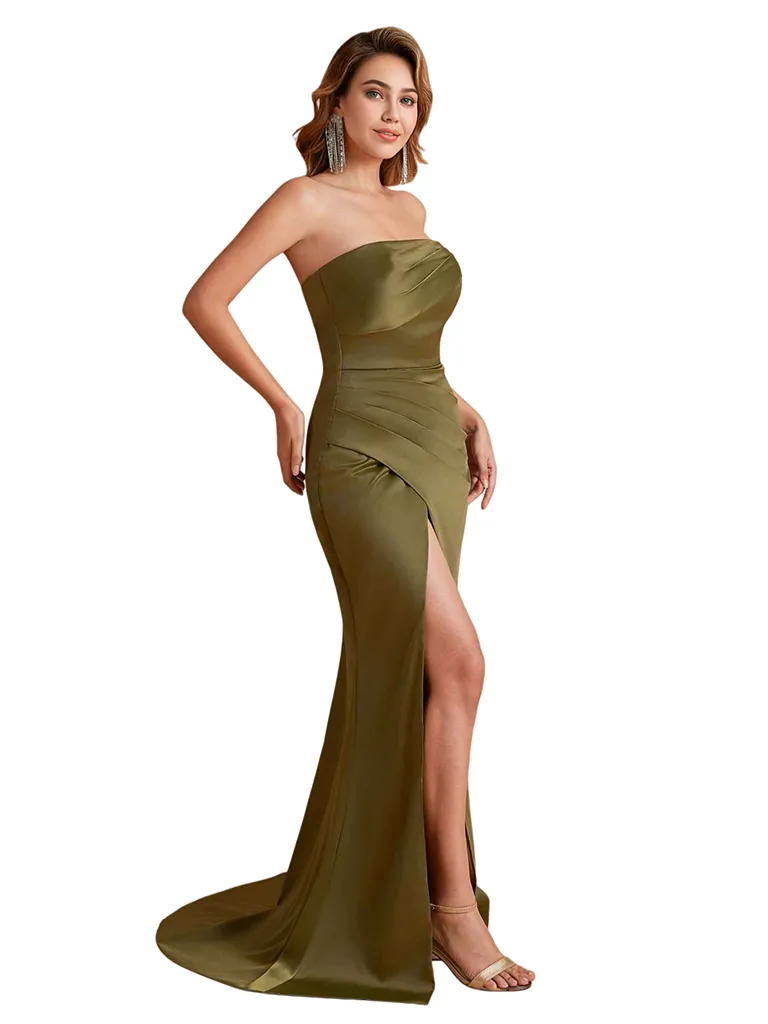 Sexy Silky Satin One Shoulder Mermaid Side Slit Ruched Long Bridesmaid Dresses sold by ChicSew product image thumbnail 5