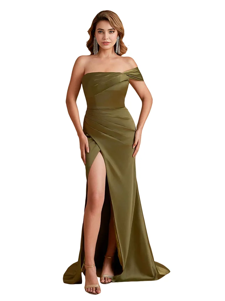 Sexy Silky Satin One Shoulder Mermaid Side Slit Ruched Long Bridesmaid Dresses sold by ChicSew product image thumbnail 4