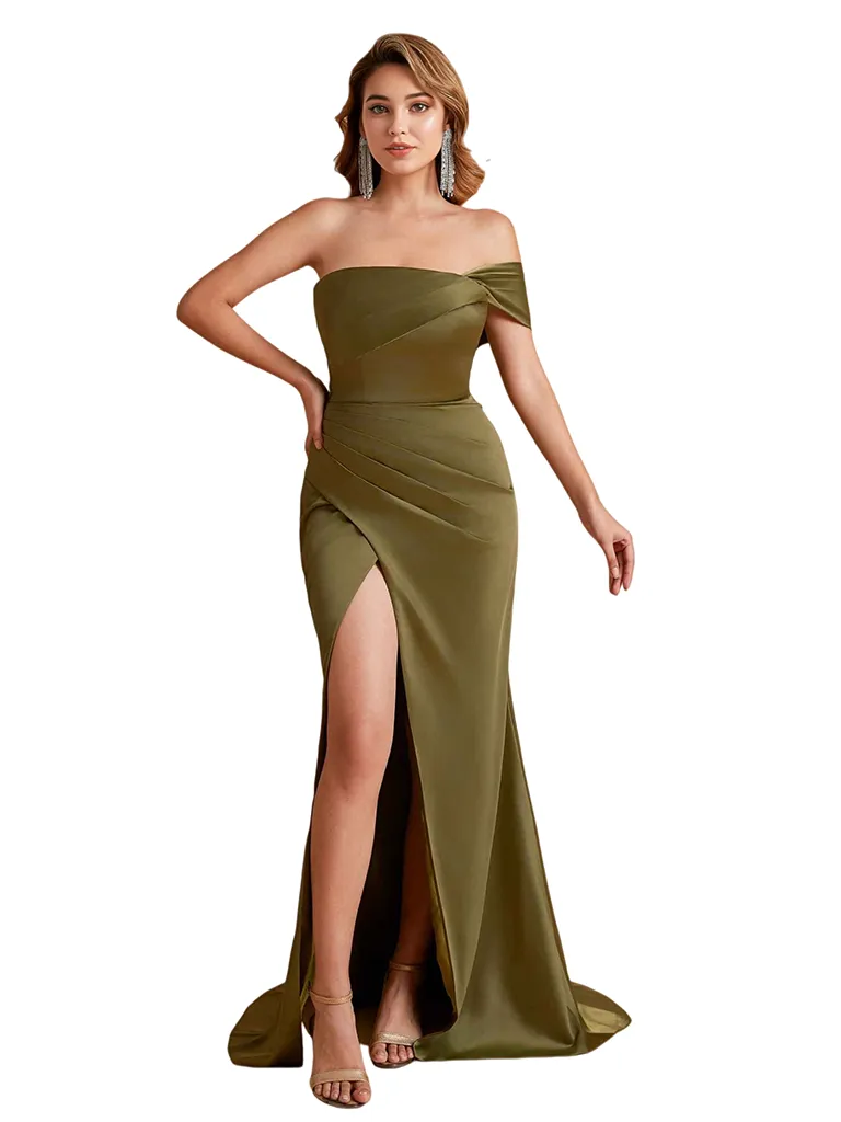 Sexy Silky Satin One Shoulder Mermaid Side Slit Ruched Long Bridesmaid Dresses sold by ChicSew