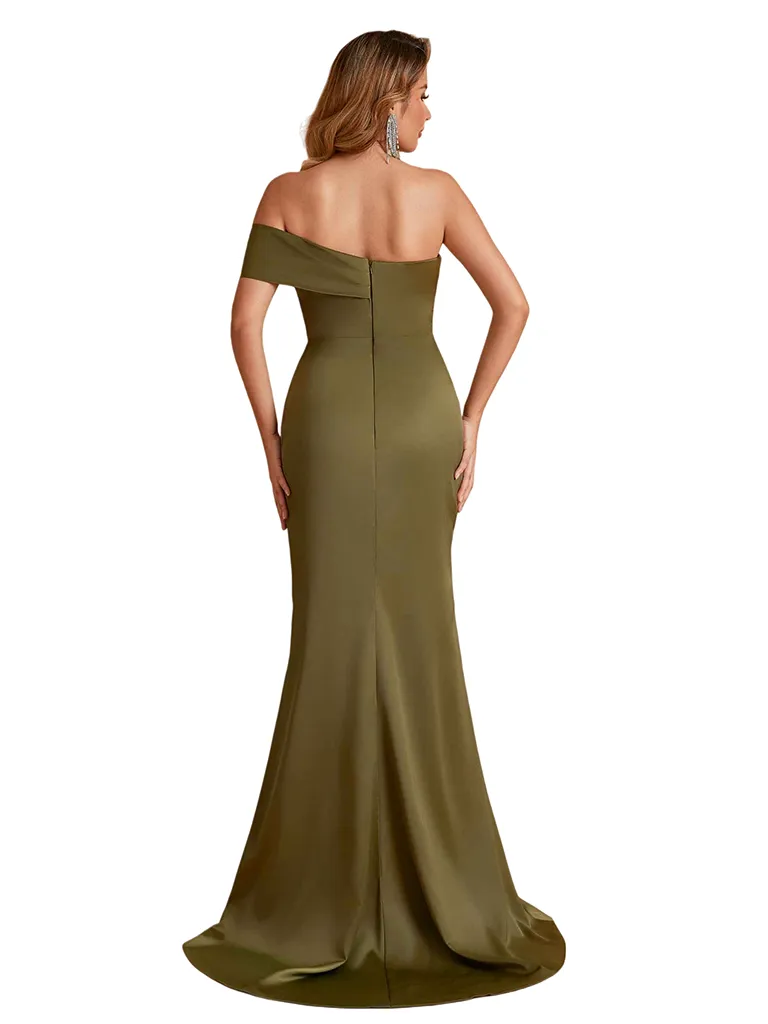 Sexy Silky Satin One Shoulder Mermaid Side Slit Ruched Long Bridesmaid Dresses sold by ChicSew product image thumbnail 3