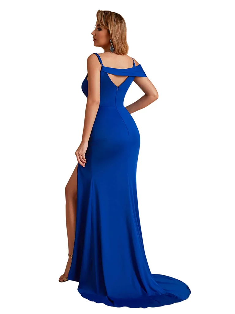 Unique Silky Satin Mermaid Asymmetic Straps Side Slit Long Bridesmaid Dresses Online sold by ChicSew product image thumbnail 5