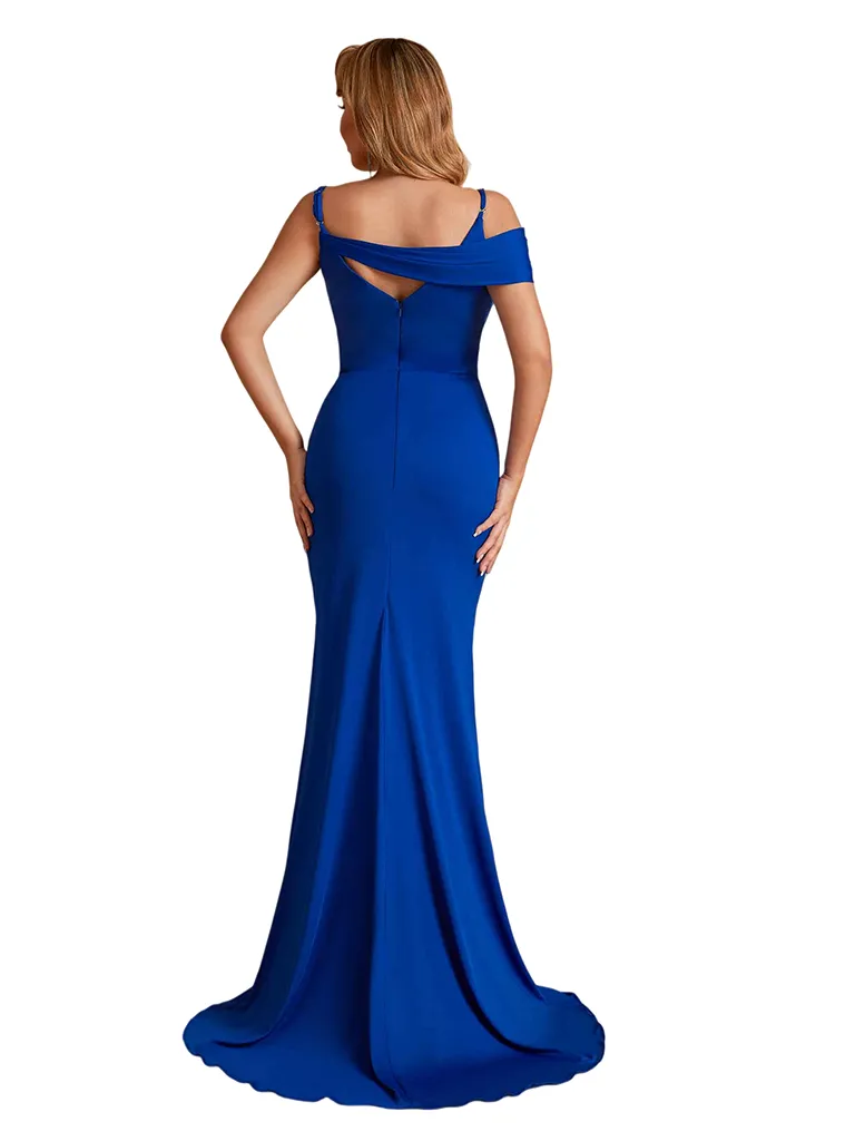 Unique Silky Satin Mermaid Asymmetic Straps Side Slit Long Bridesmaid Dresses Online sold by ChicSew product image thumbnail 3