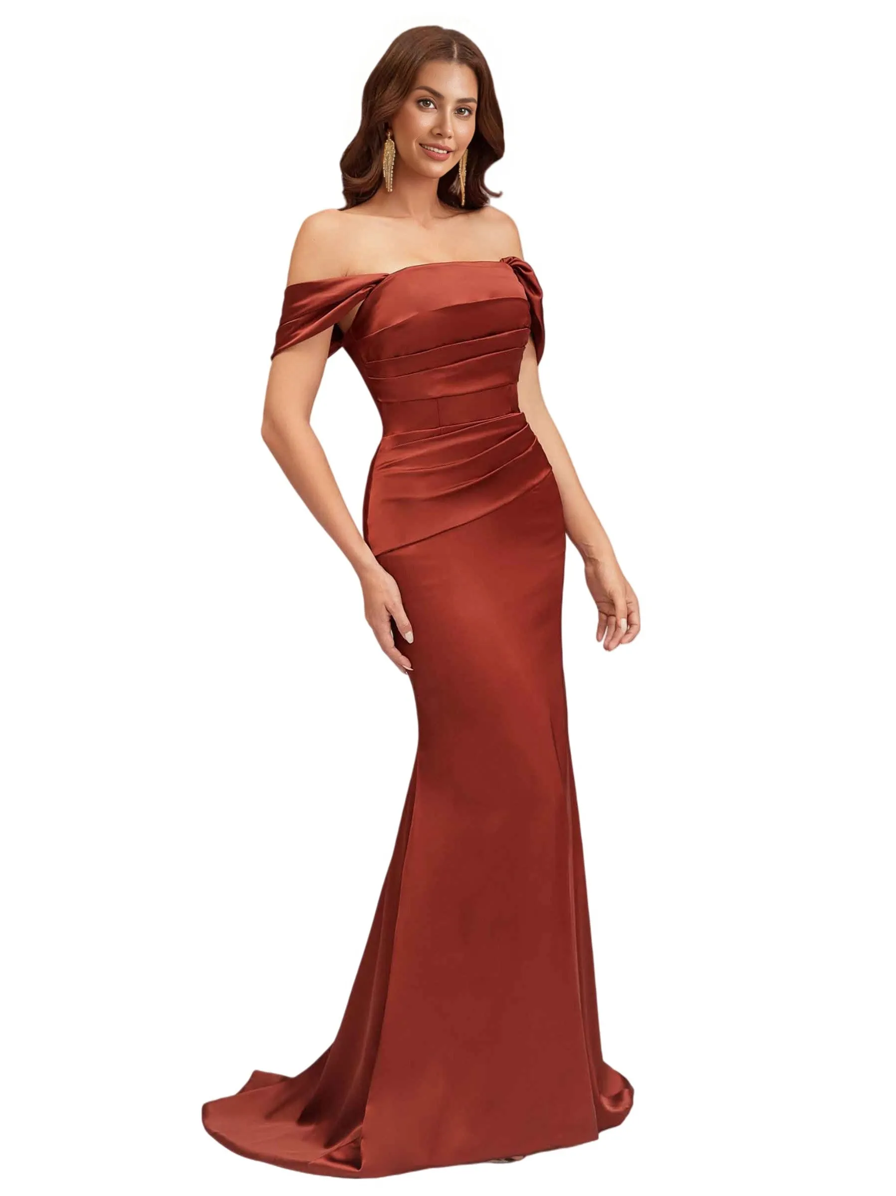 Sexy Off The Shoulder Soft Satin Mermaid Ruched Long Bridesmaid Dresses Online sold by ChicSew product image thumbnail 5