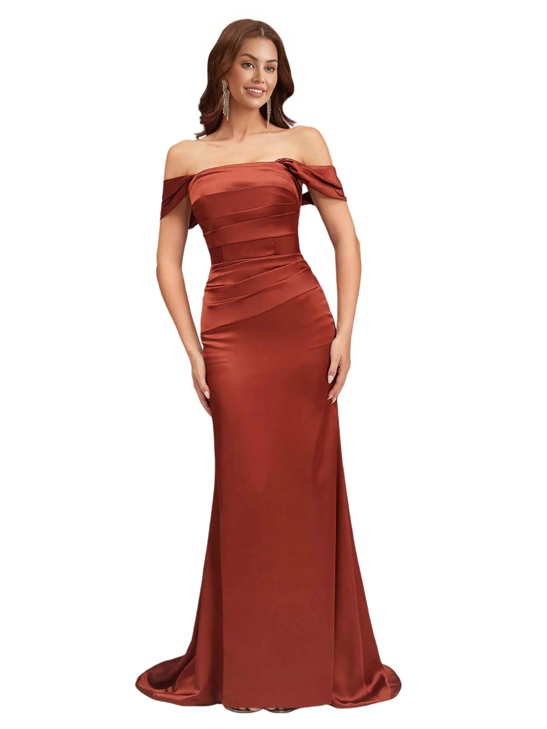 Sexy Off The Shoulder Soft Satin Mermaid Ruched Long Bridesmaid Dresses Online sold by ChicSew