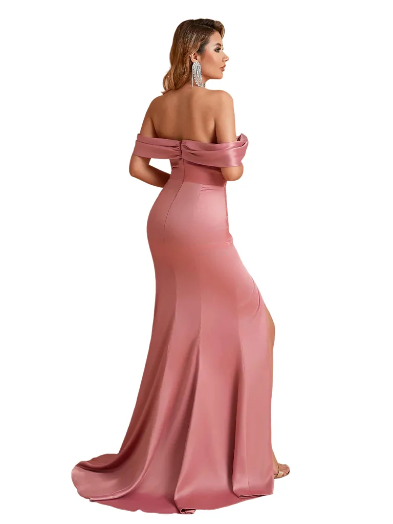 Sexy Off Shoulder Mermaid Side Slit Silky Satin Long Bridesmaid Dresses sold by ChicSew product image thumbnail 4