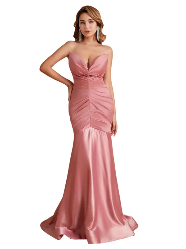 Sexy Silky Satin Sweetheart Mermaid Side Slit Ruched Long Bridesmaid Dresses sold by ChicSew