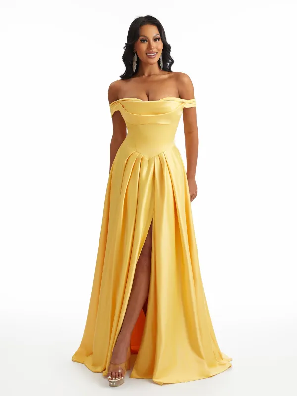 Sexy Off The Shoulder A-Line Stretch Satin Ruched Long Bridesmaid Dresses sold by ChicSew