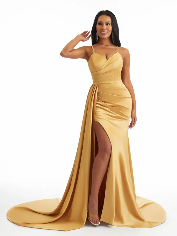 Sexy Spaghetti Straps Lace Up Back Side Split Mermaid Soft Satin Long Bridesmaid Dresses sold by ChicSew