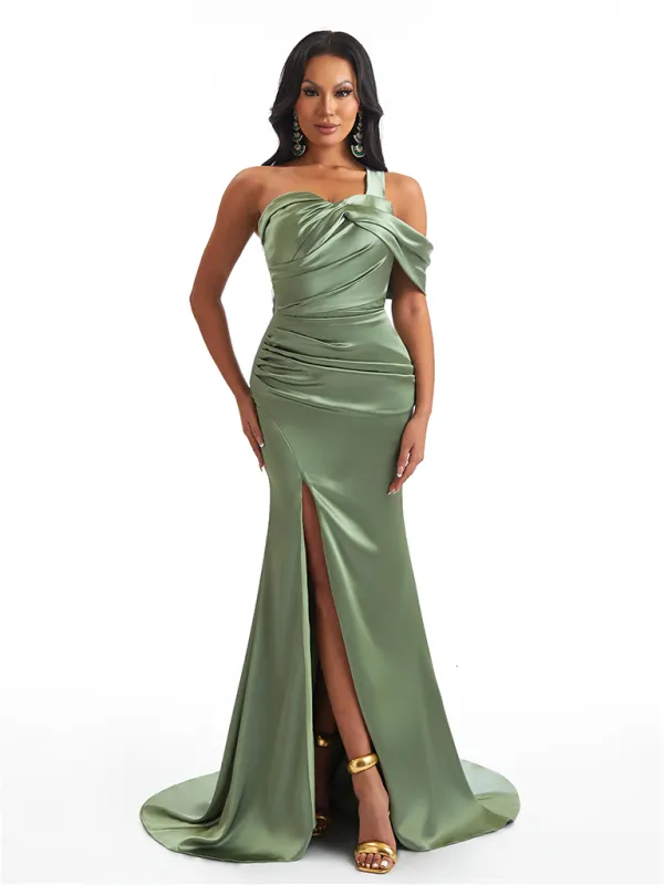 Elegant One Shoulder Side Split Mermaid Soft Satin Pretty Long Bridesmaid Dresses sold by ChicSew