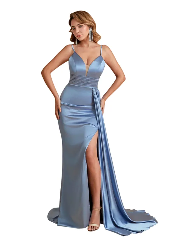 Unique Soft Satin Spaghetti Straps Mermaid Side Slit Long Bridesmaid Dresses Online sold by ChicSew