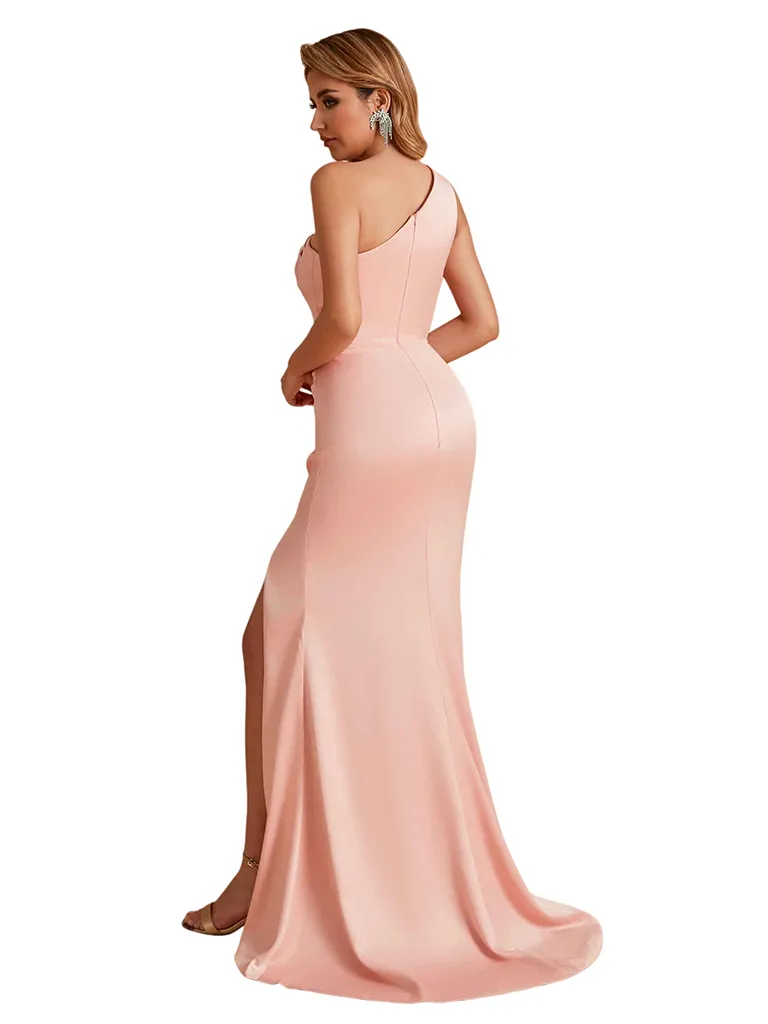 Unique One Shoulder Mermaid Side Slit Soft Satin Long Bridesmaid Dresses Online sold by ChicSew product image thumbnail 5