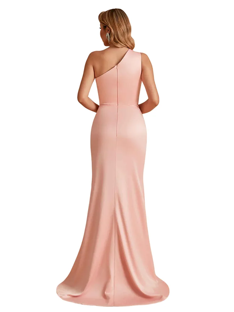 Unique One Shoulder Mermaid Side Slit Soft Satin Long Bridesmaid Dresses Online sold by ChicSew product image thumbnail 3