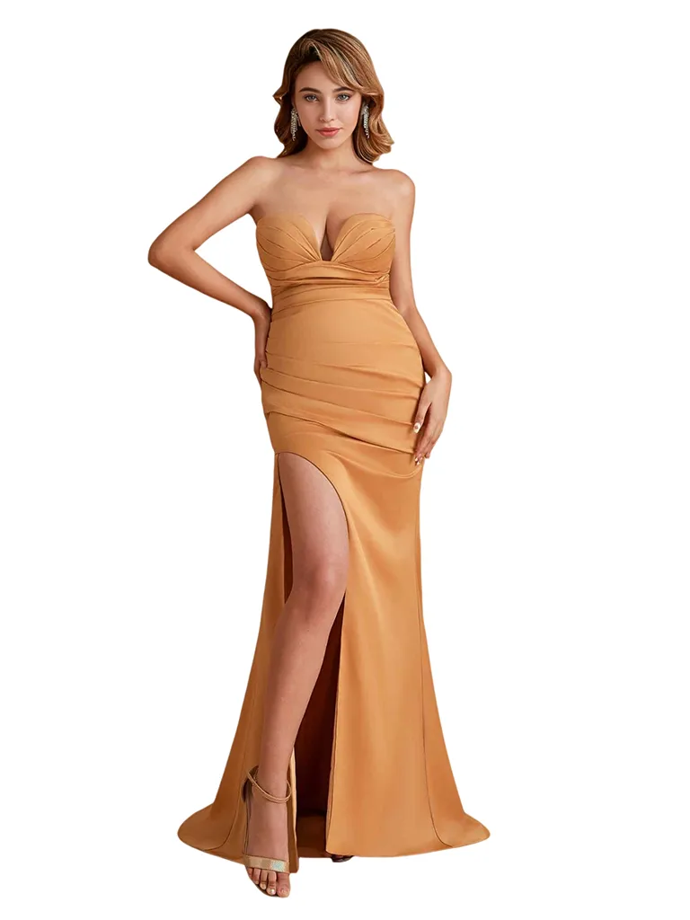 Sexy Sweetheart Silky Satin Mermaid Side Slit Long Bridesmaid Dresses Online sold by ChicSew