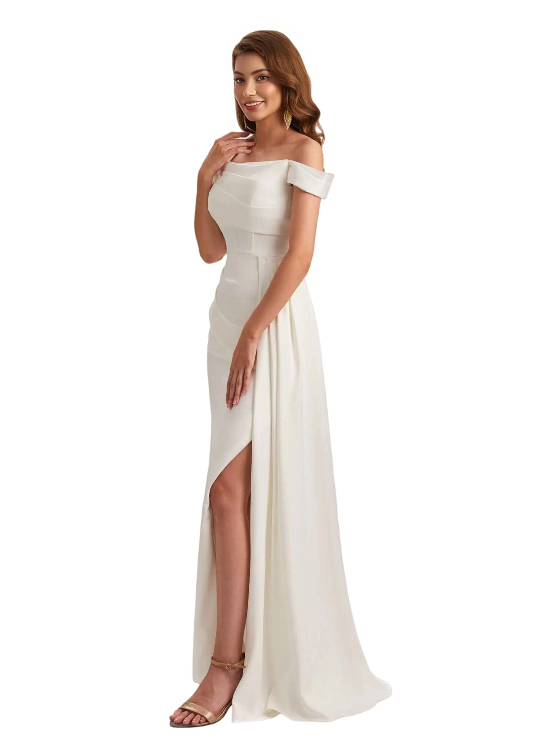 Unique Mermaid Off Shoulder Soft Satin Side Slit Long Bridesmaid Dresses sold by ChicSew product image thumbnail 4