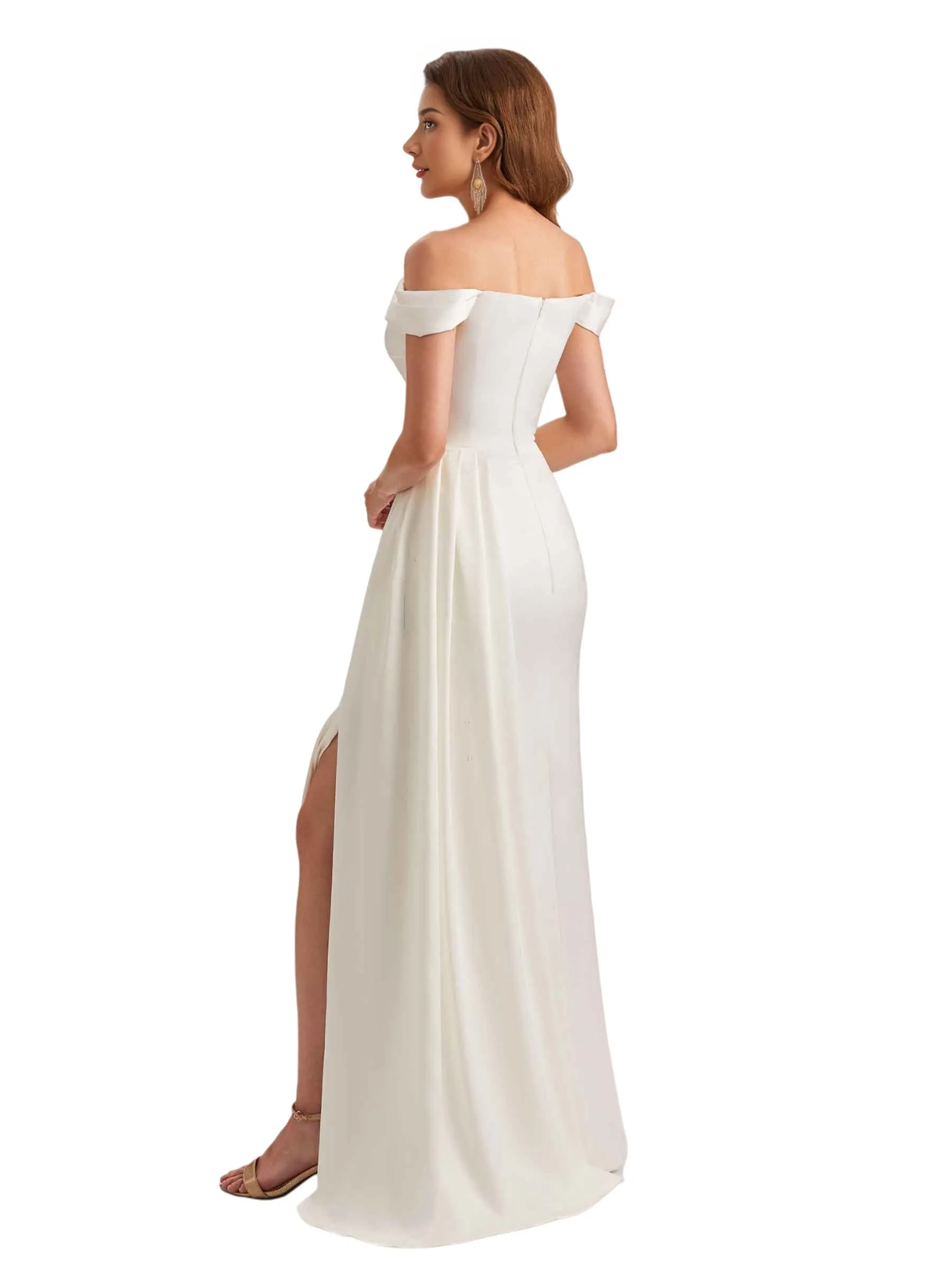 Unique Mermaid Off Shoulder Soft Satin Side Slit Long Bridesmaid Dresses sold by ChicSew product image thumbnail 5
