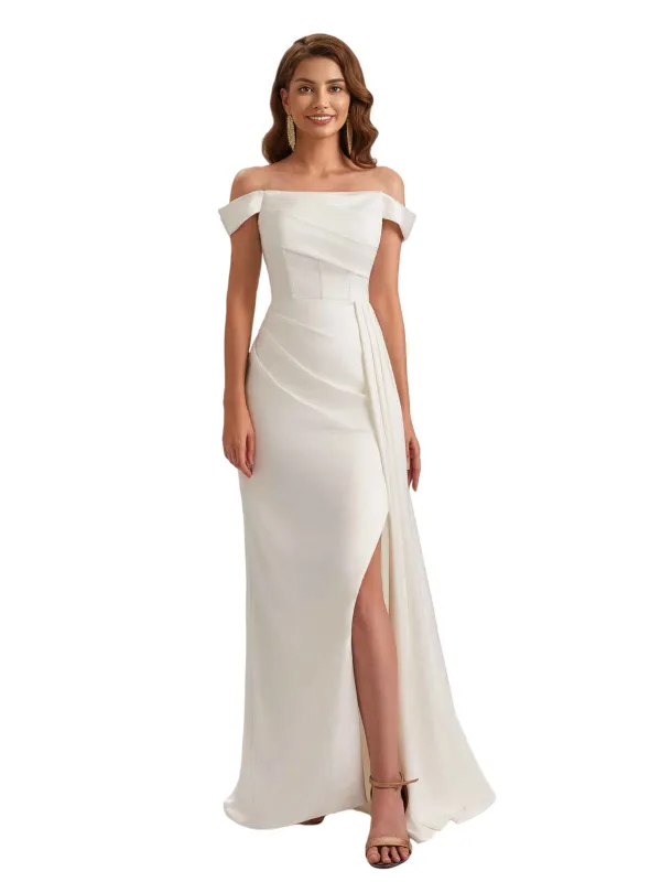 Unique Mermaid Off Shoulder Soft Satin Side Slit Long Bridesmaid Dresses sold by ChicSew
