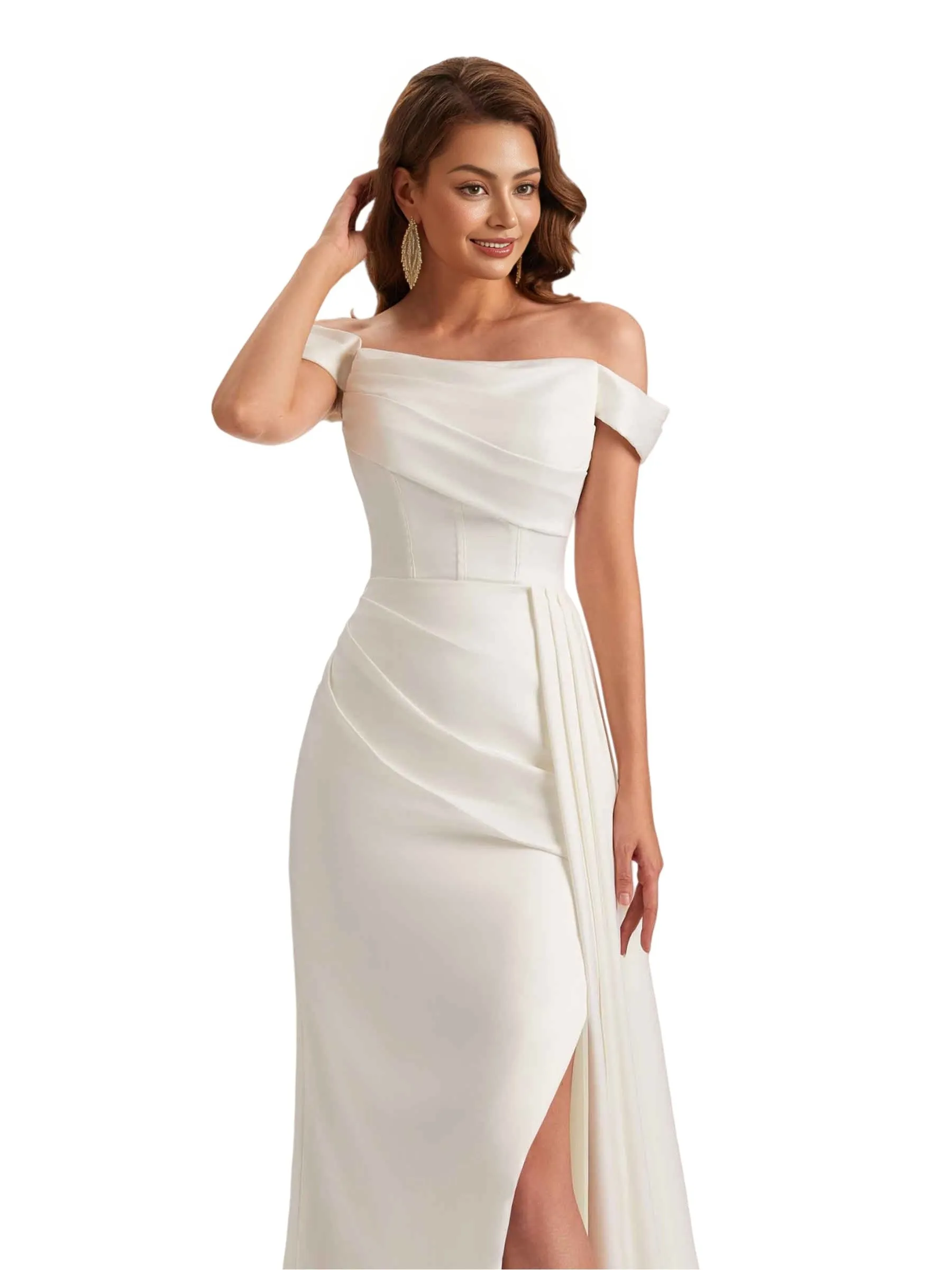 Unique Mermaid Off Shoulder Soft Satin Side Slit Long Bridesmaid Dresses sold by ChicSew product image thumbnail 2