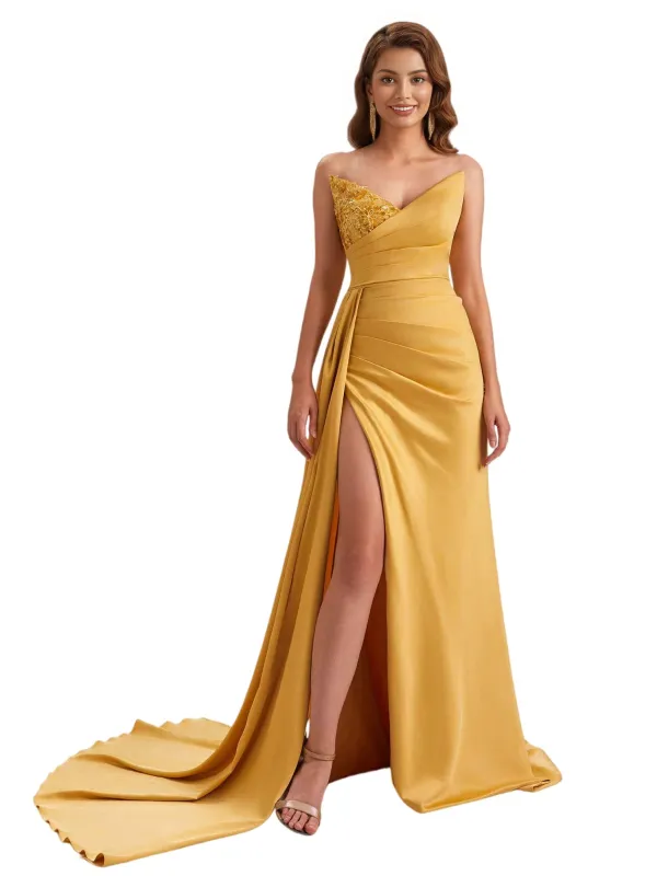 Unique Soft Satin Mermaid Sweetheart V-Neck Side Slit Long Bridesmaid Dresses Online sold by ChicSew
