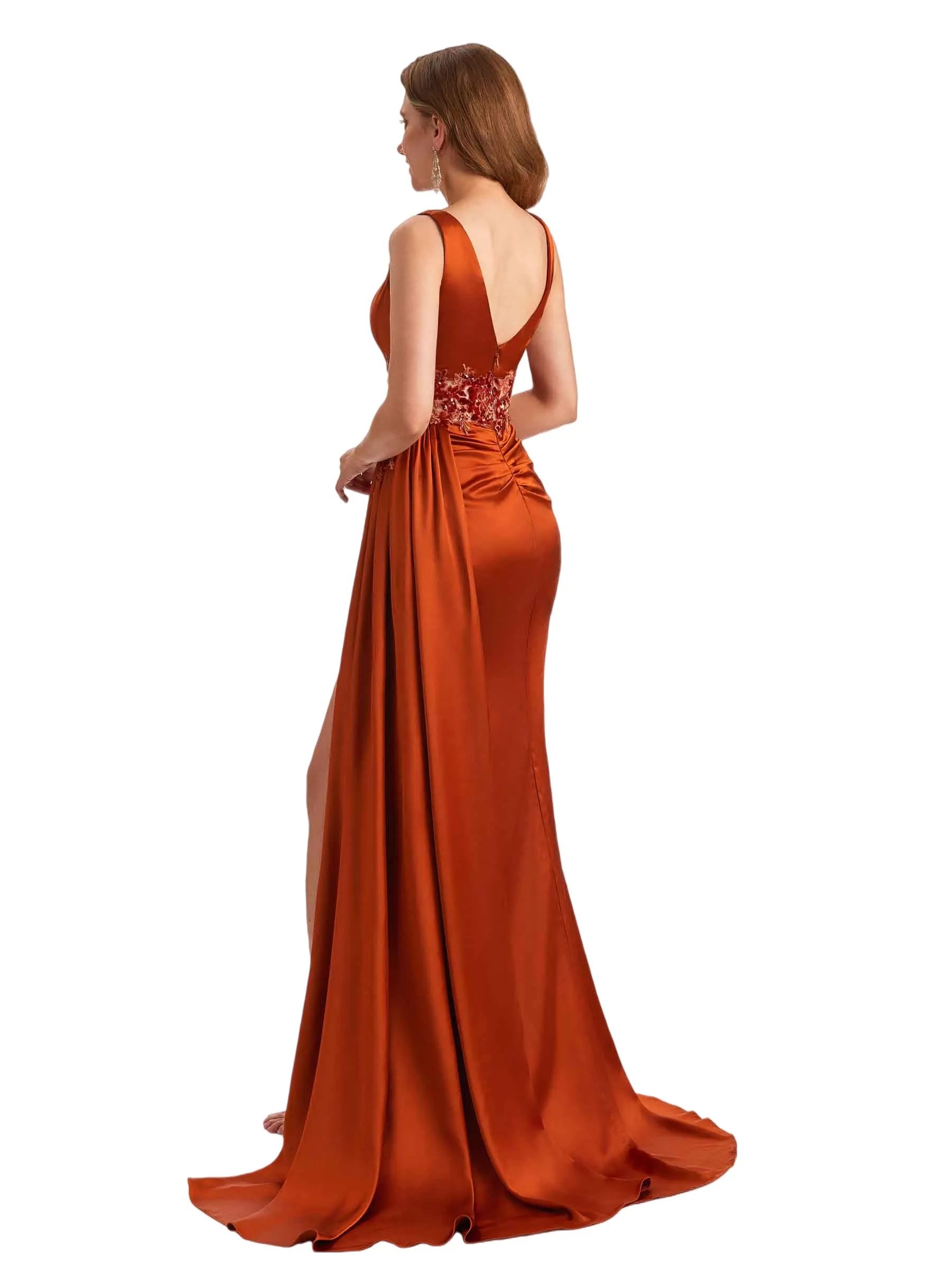 Unique Soft Satin Mermaid Lace Applique Spaghetti Straps Side Slit Long Bridesmaid Dresses Online sold by ChicSew product image thumbnail 5