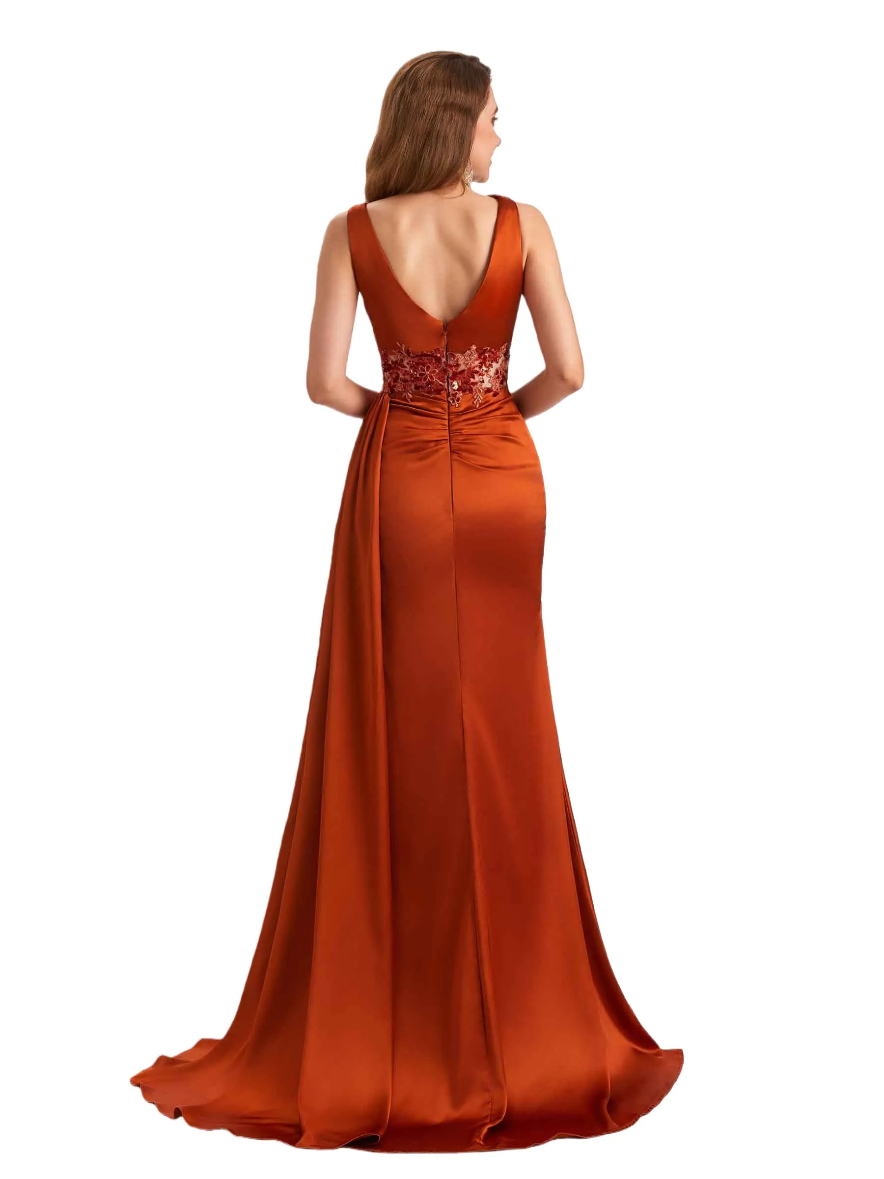 Unique Soft Satin Mermaid Lace Applique Spaghetti Straps Side Slit Long Bridesmaid Dresses Online sold by ChicSew product image thumbnail 3