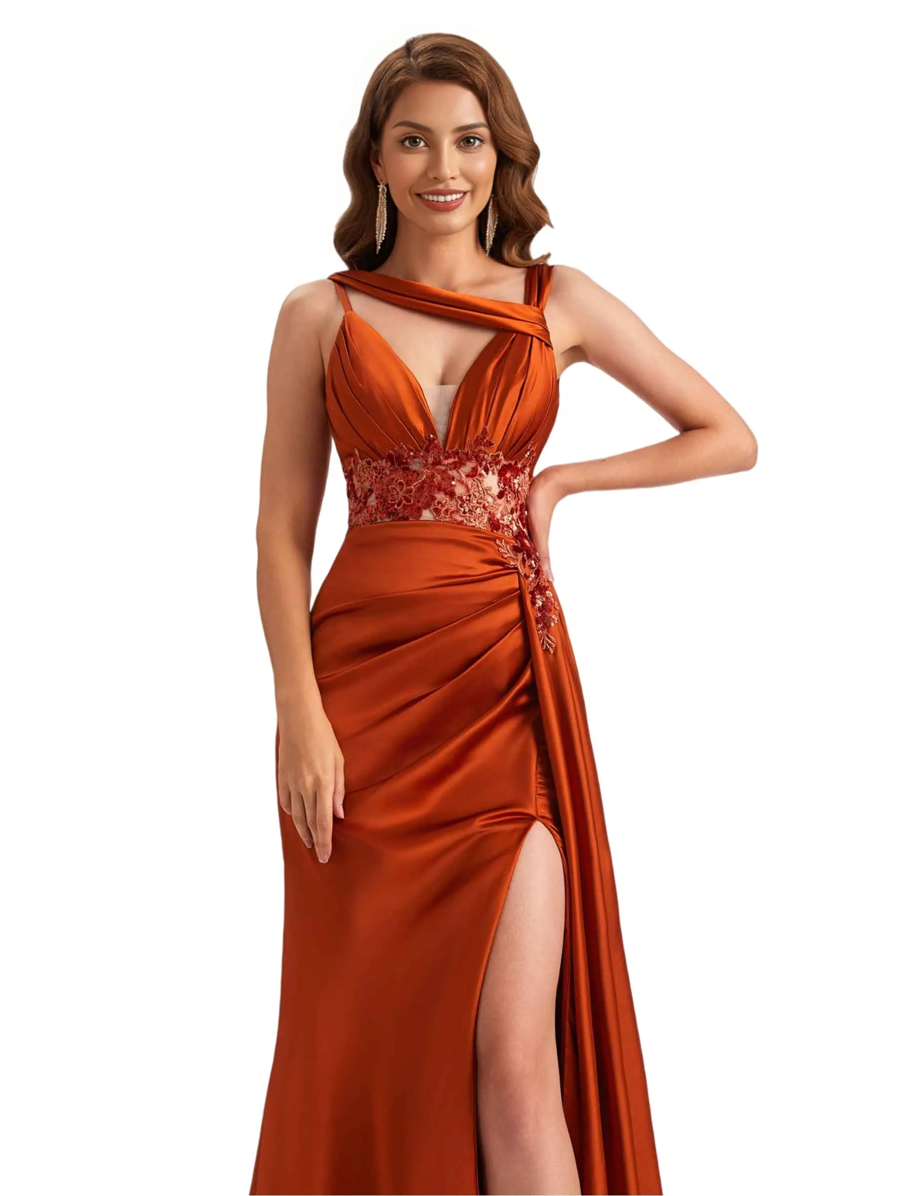 Unique Soft Satin Mermaid Lace Applique Spaghetti Straps Side Slit Long Bridesmaid Dresses Online sold by ChicSew product image thumbnail 2