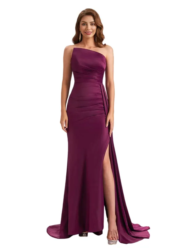 Sexy Silky Satin Asymmetric Mermaid Side Slit Ruched Long Bridesmaid Dresses Online sold by ChicSew