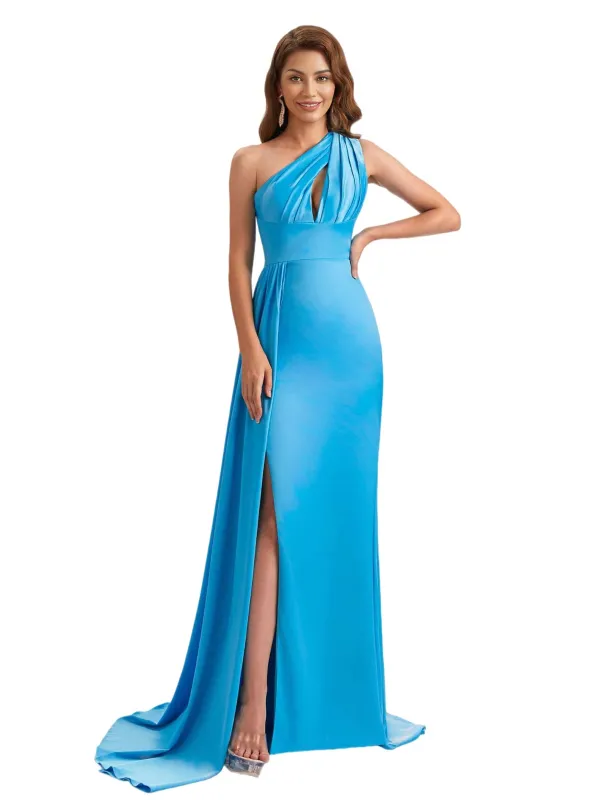 Sexy One Shoulder Soft Satin Mermaid Side Slit Pretty Long Bridesmaid Dresses Online sold by ChicSew