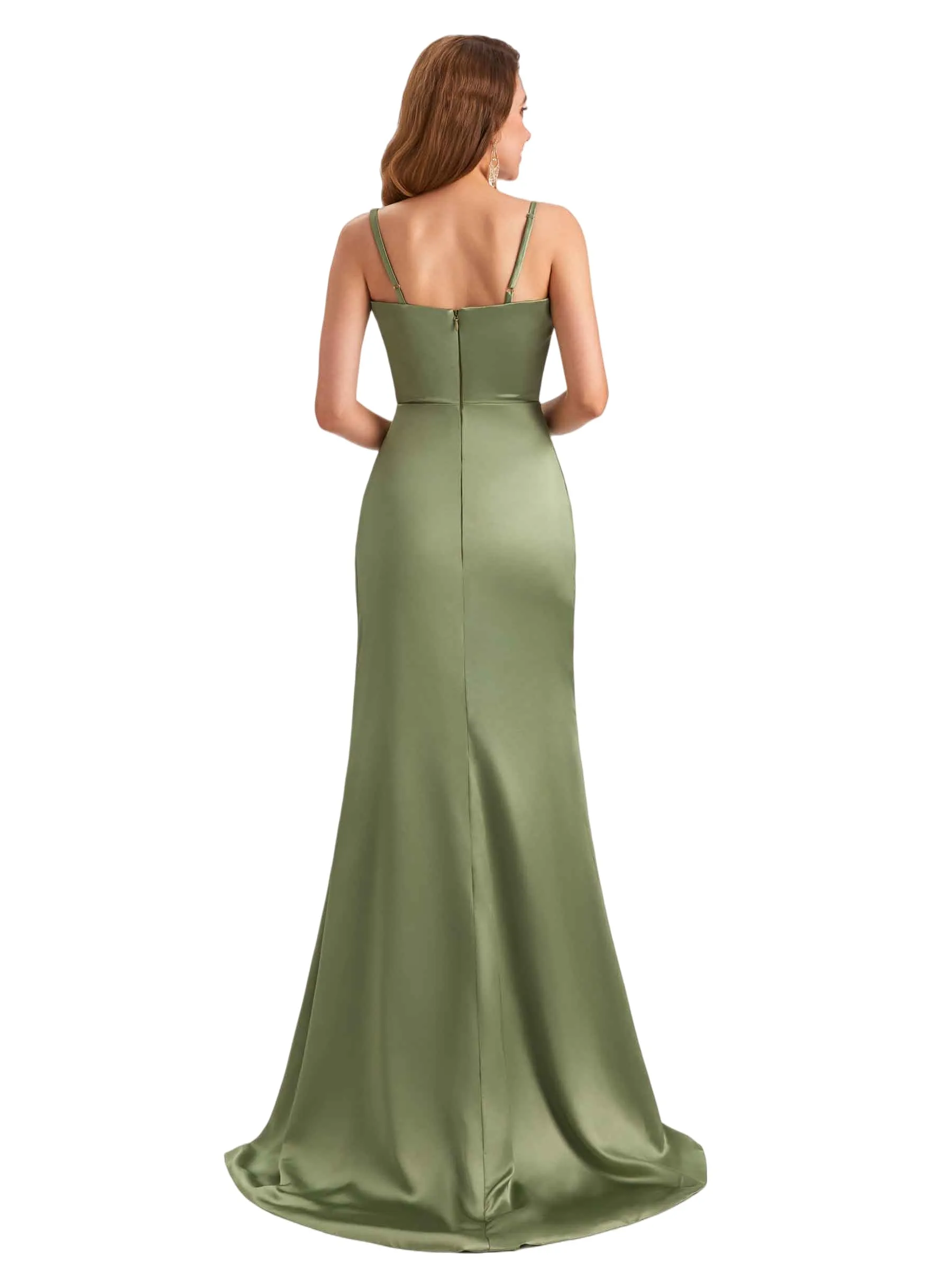 Sexy Soft Satin Mermaid Spaghetti Straps Side Slit Simple Long Bridesmaid Dresses Online sold by ChicSew product image thumbnail 3