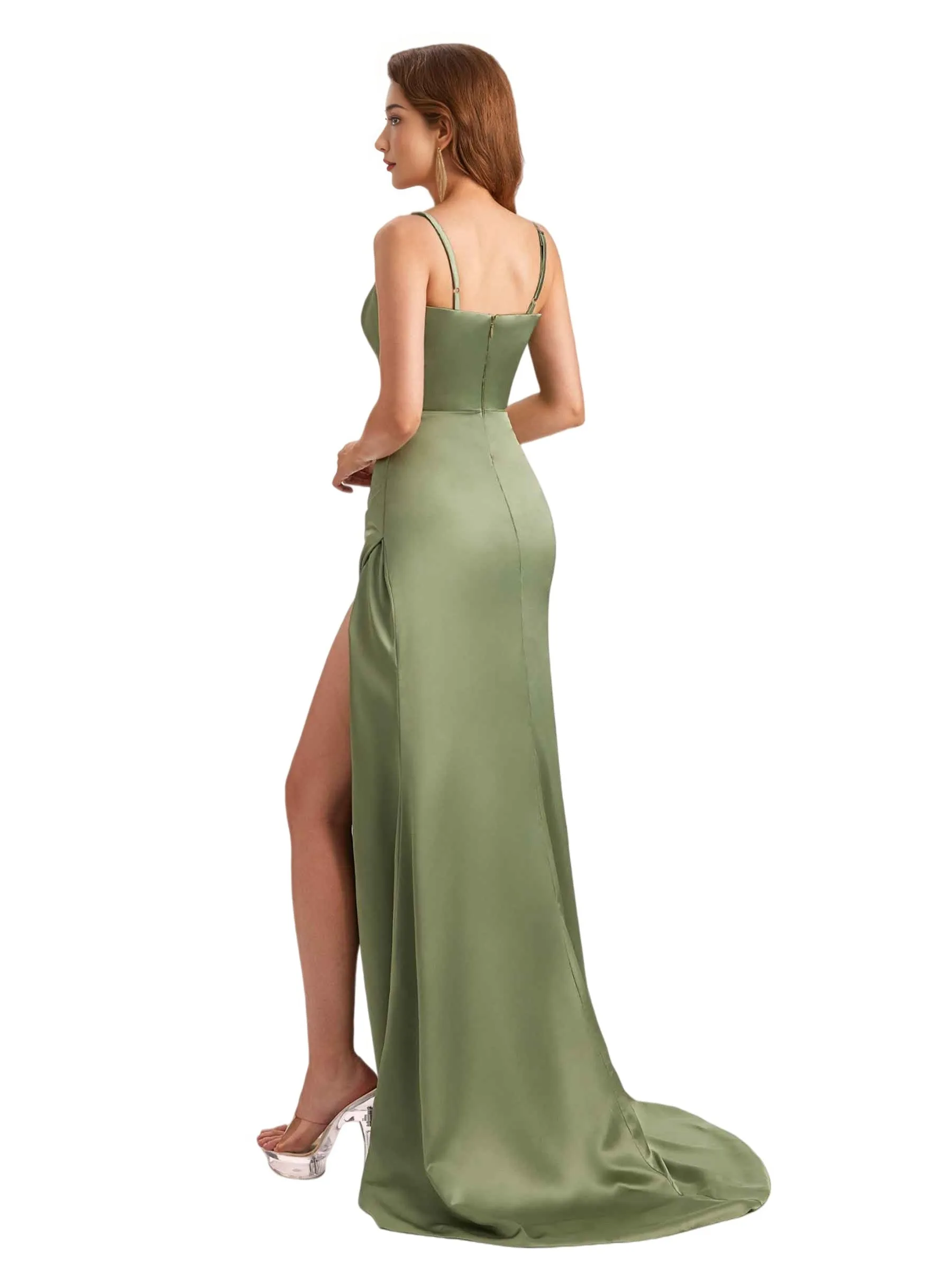 Sexy Soft Satin Mermaid Spaghetti Straps Side Slit Simple Long Bridesmaid Dresses Online sold by ChicSew product image thumbnail 5