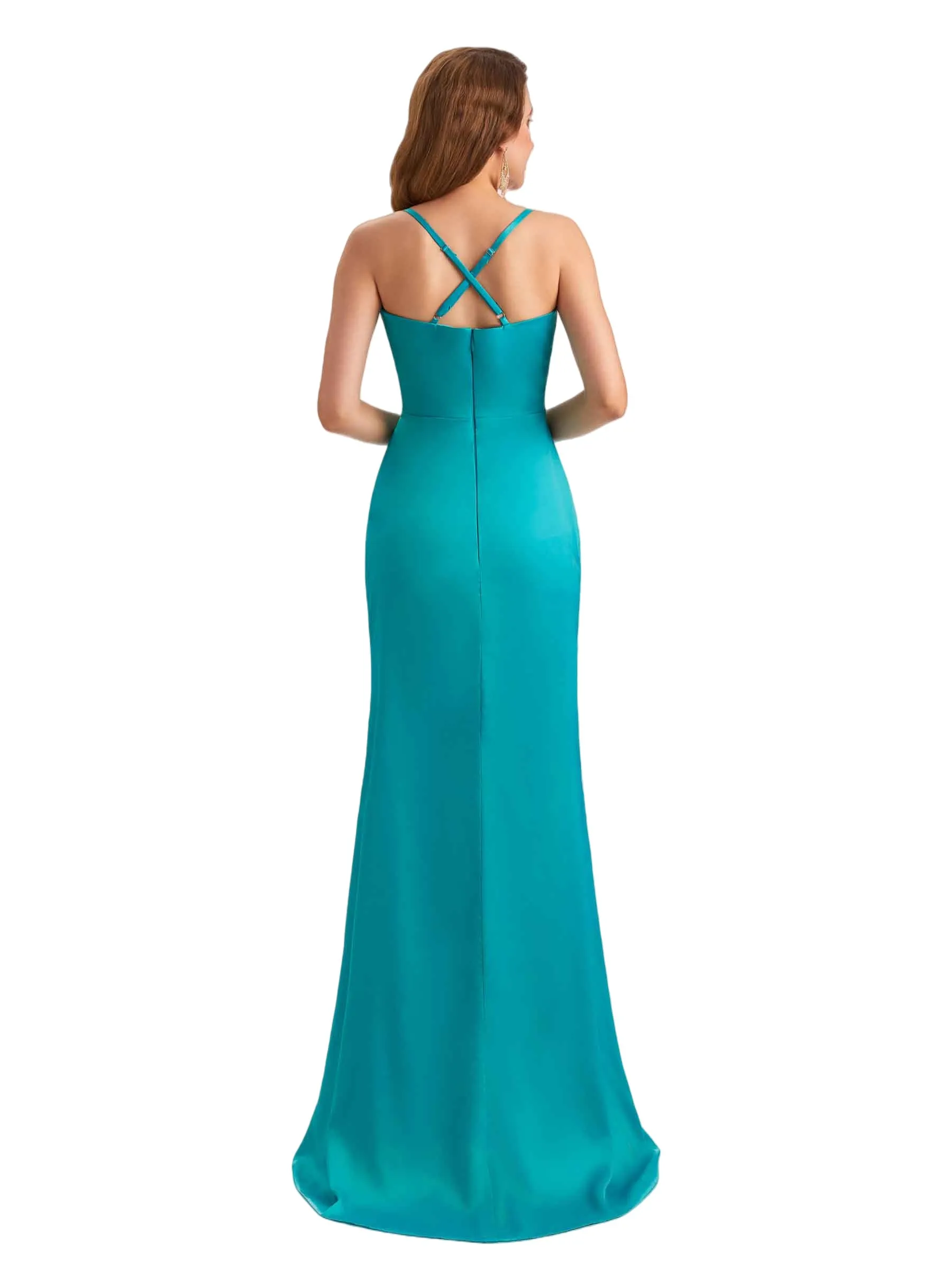 Sexy V-Neck Spaghetti Straps Mermaid Side Slit Silky Satin Long Bridesmaid Dresses Online sold by ChicSew product image thumbnail 3