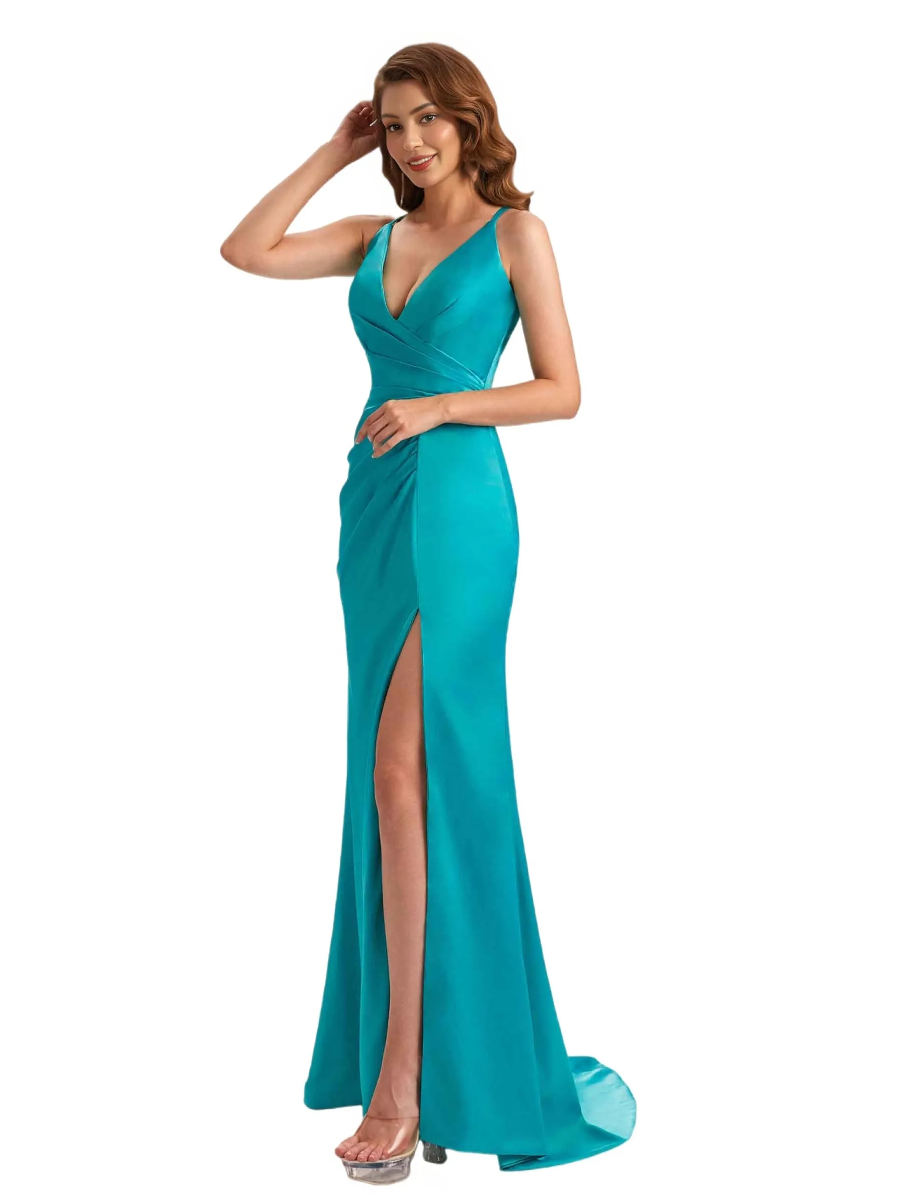 Sexy V-Neck Spaghetti Straps Mermaid Side Slit Silky Satin Long Bridesmaid Dresses Online sold by ChicSew product image thumbnail 5