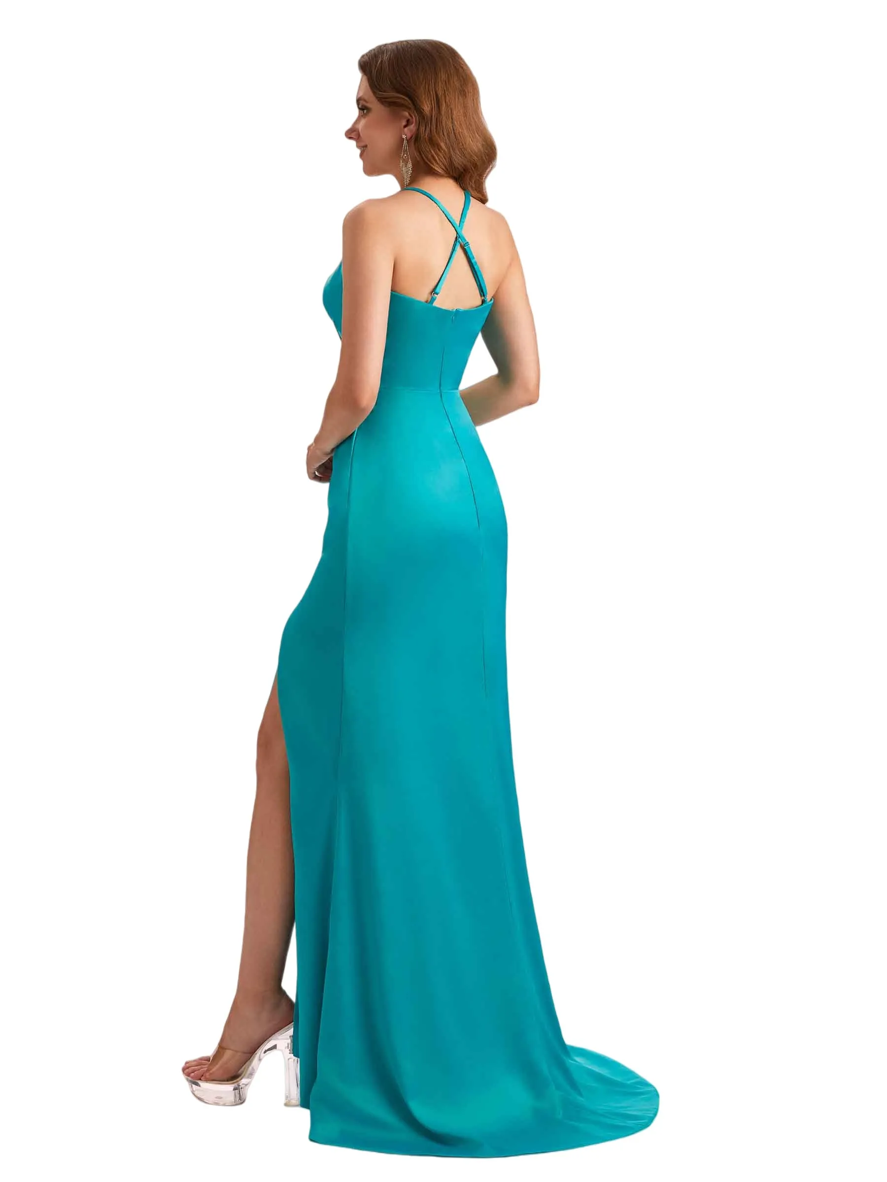 Sexy V-Neck Spaghetti Straps Mermaid Side Slit Silky Satin Long Bridesmaid Dresses Online sold by ChicSew product image thumbnail 4