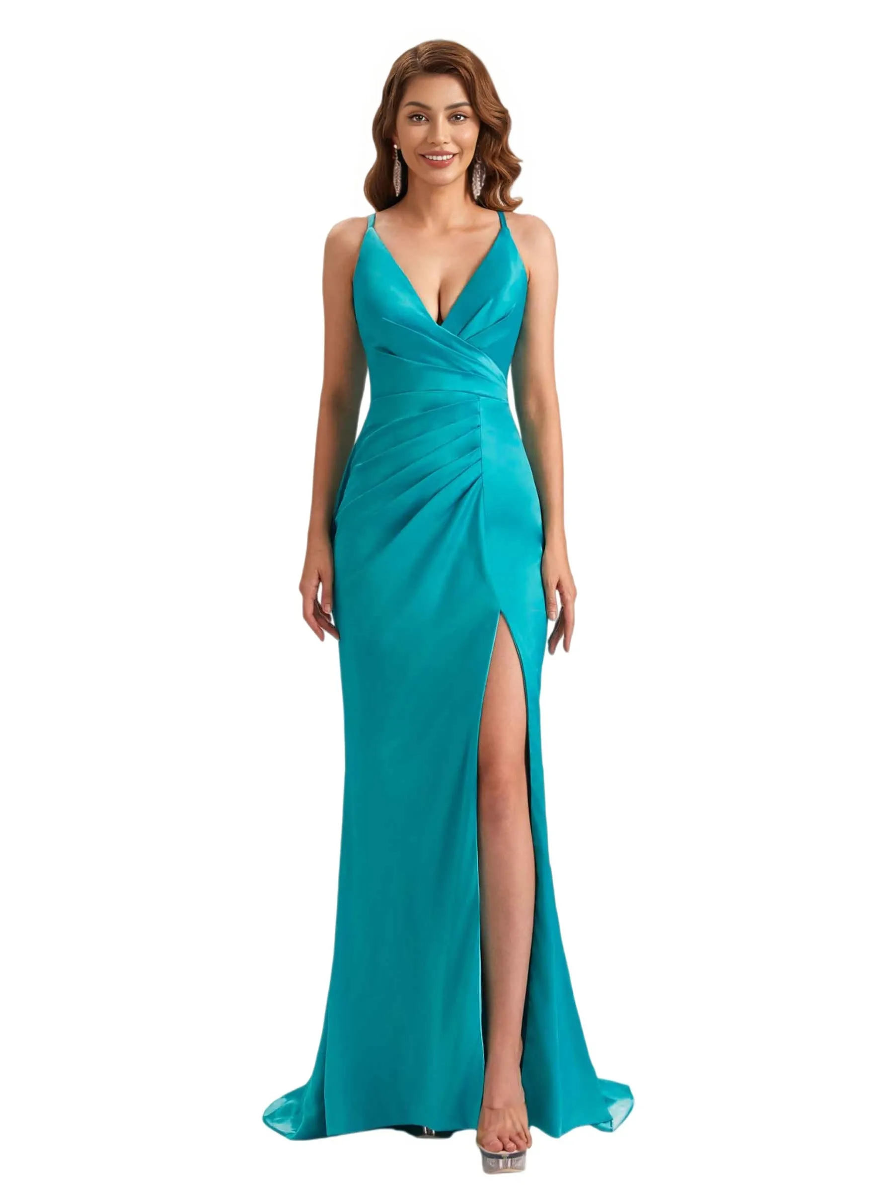 Sexy V-Neck Spaghetti Straps Mermaid Side Slit Silky Satin Long Bridesmaid Dresses Online sold by ChicSew