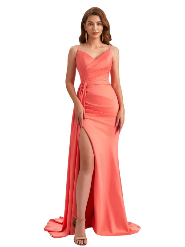 Elegant Silky Satin V-Neck Spaghetti Straps Mermaid Side Slit Ruched Long Bridesmaid Dresses Online sold by ChicSew