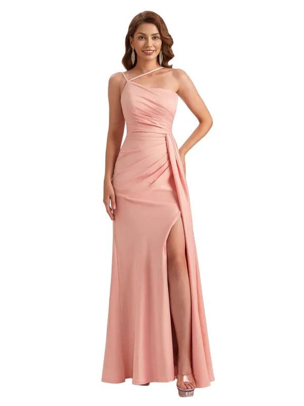 Elegant Asymmetric Spaghetti Straps Silky Satin Mermaid Side Slit Long Bridesmaid Dresses sold by ChicSew