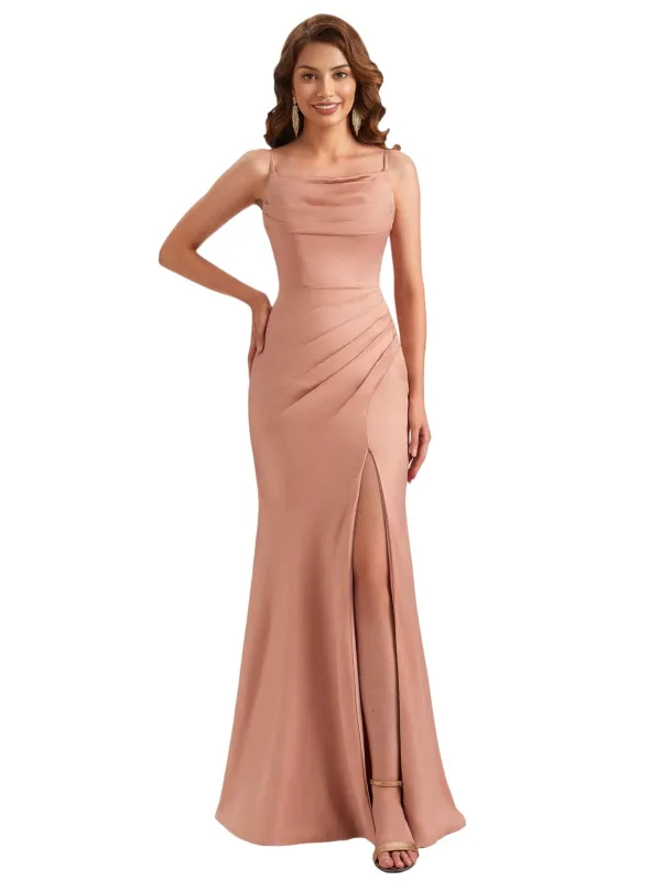 Elegant Silky Satin Spaghetti Straps Mermaid Side Slit Ruched Long Bridesmaid Dresses sold by ChicSew