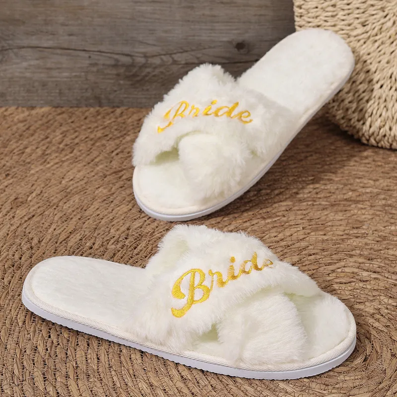 Women's Cross Band Fuzzy Slippers Plush Furry House Slippers Bridesmaid Slippers CN386 sold by ChicSew