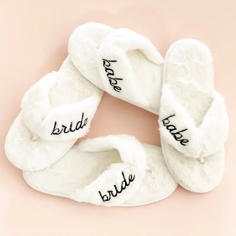 Women's Cross Band Fuzzy Slippers Plush Furry House Slippers Bridesmaid Slippers CN385 sold by ChicSew