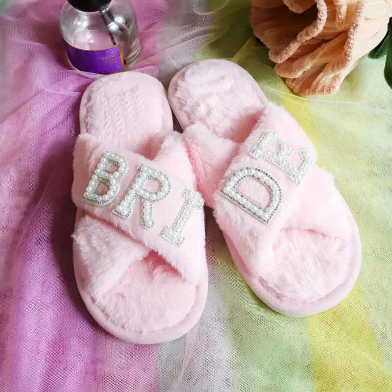 Women's Cross Band Fuzzy Slippers Plush Furry House Slippers Bridesmaid Slippers CN384 sold by ChicSew