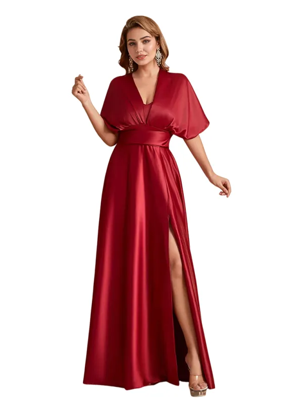 Elegant Soft Satin Convertible A-Line Side Slit Unique Long Bridesmaid Dresses sold by ChicSew