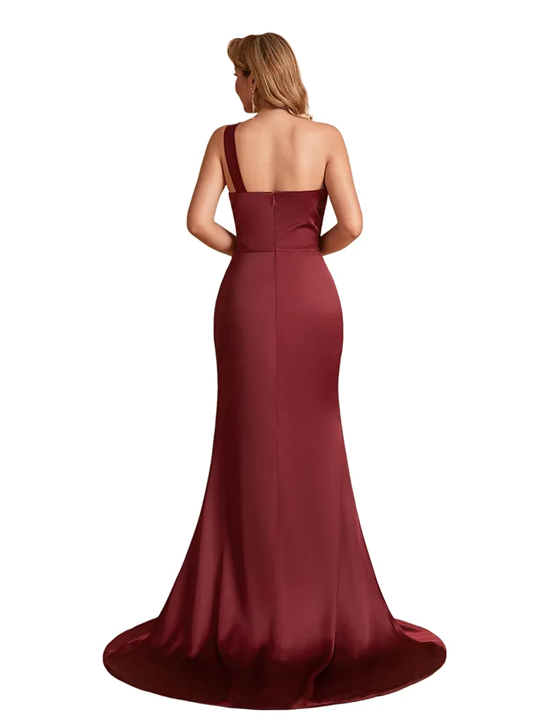 Sexy Soft Satin One Shoulder Mermaid Side Slit Pretty Long Bridesmaid Dresses sold by ChicSew product image thumbnail 3