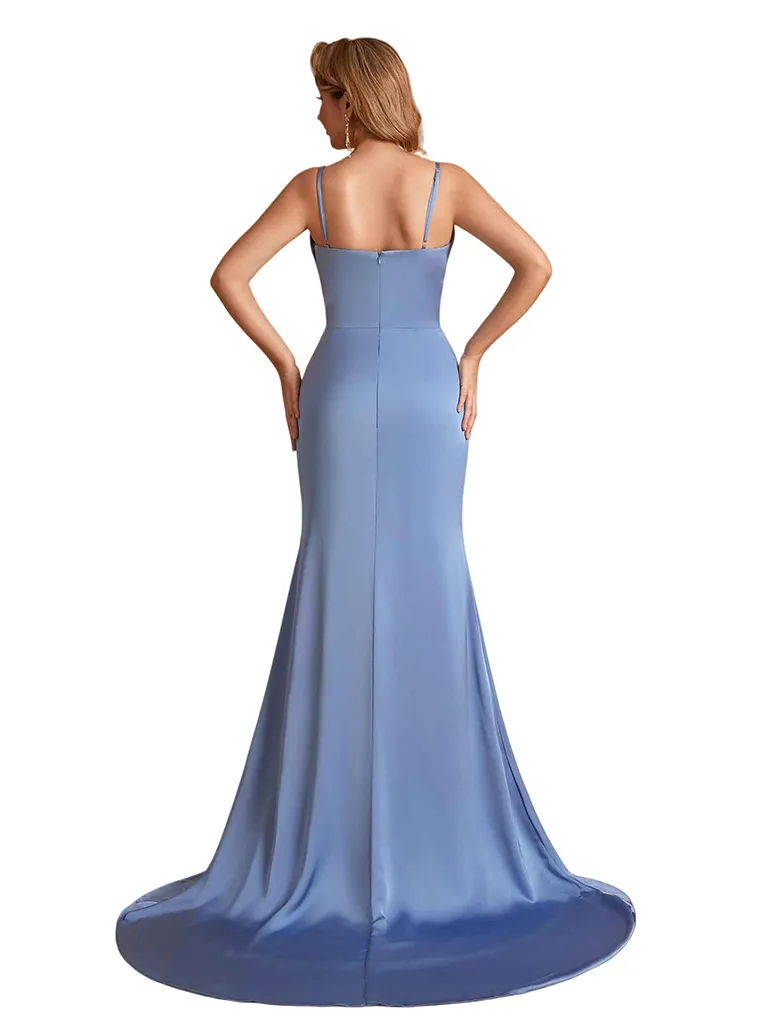 Sexy Silky Satin Deep V-Neck Spaghetti Straps Mermaid Side Slit Ruched Long Bridesmaid Dresses sold by ChicSew product image thumbnail 3