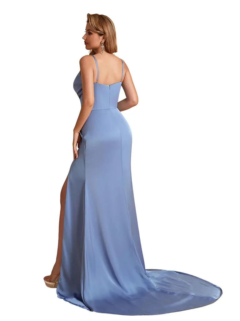 Sexy Silky Satin Deep V-Neck Spaghetti Straps Mermaid Side Slit Ruched Long Bridesmaid Dresses sold by ChicSew product image thumbnail 4