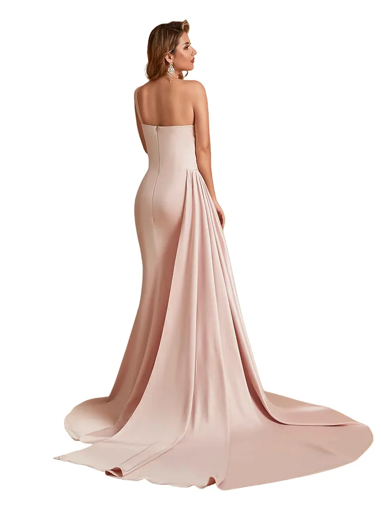 Sexy One Shoulder Soft Satin Mermaid Side Slit Pretty Long Bridesmaid Dresses Online sold by ChicSew product image thumbnail 5