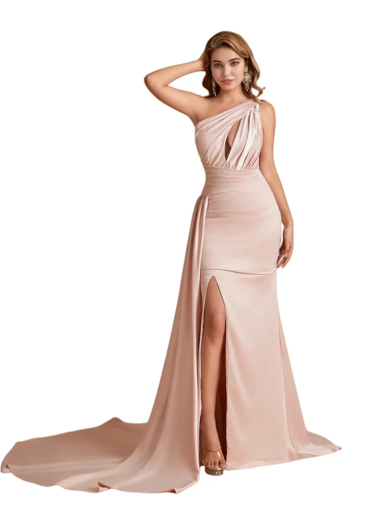 Sexy One Shoulder Soft Satin Mermaid Side Slit Pretty Long Bridesmaid Dresses Online sold by ChicSew product image thumbnail 4