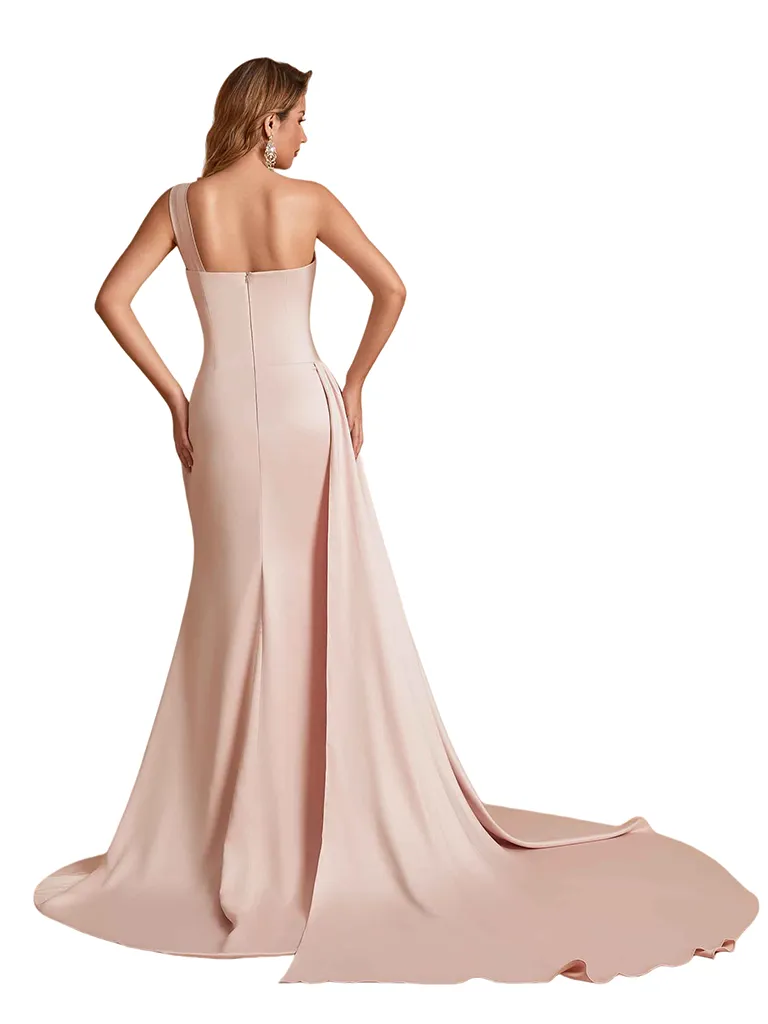Sexy One Shoulder Soft Satin Mermaid Side Slit Pretty Long Bridesmaid Dresses Online sold by ChicSew product image thumbnail 3