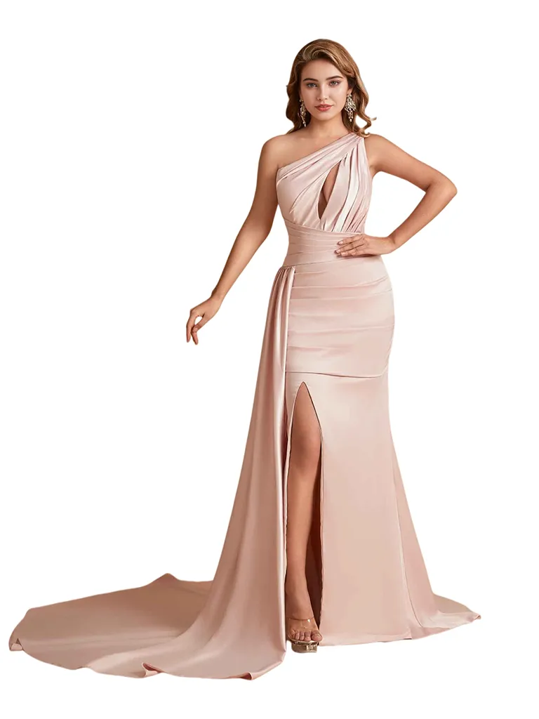 Sexy One Shoulder Soft Satin Mermaid Side Slit Pretty Long Bridesmaid Dresses Online sold by ChicSew
