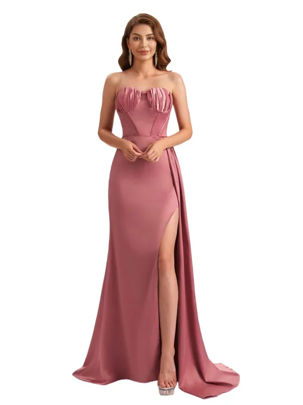 Elegant Silky Satin Sweetheart Boning Mermaid Side Slit Long Bridesmaid Dresses sold by ChicSew