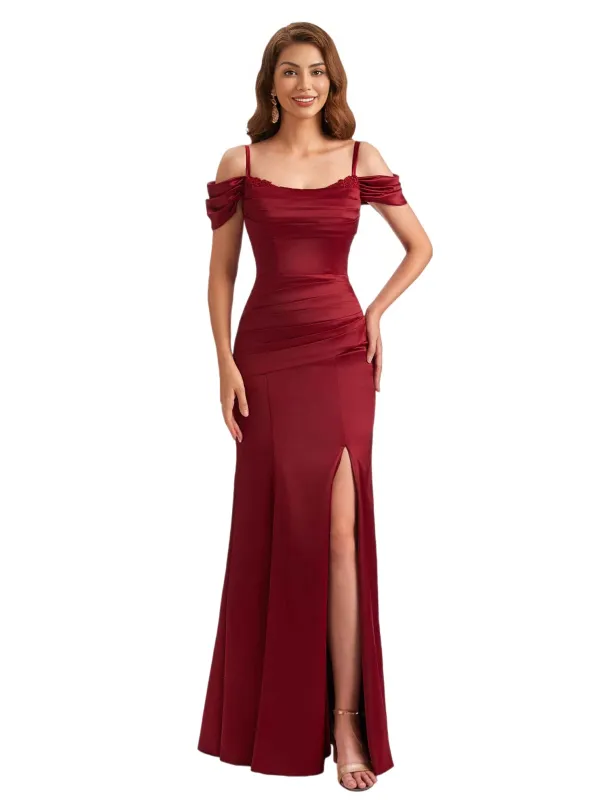 Sexy Cold Shoulder Lace Silky Satin Mermaid Long Bridesmaid Dresses Side Slit sold by ChicSew